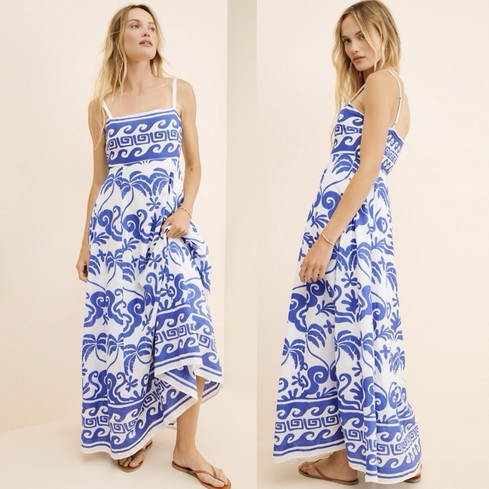 NEW Beach Riot Rianne Printed Maxi Dress Blue White Tropical Resort Travel XS
